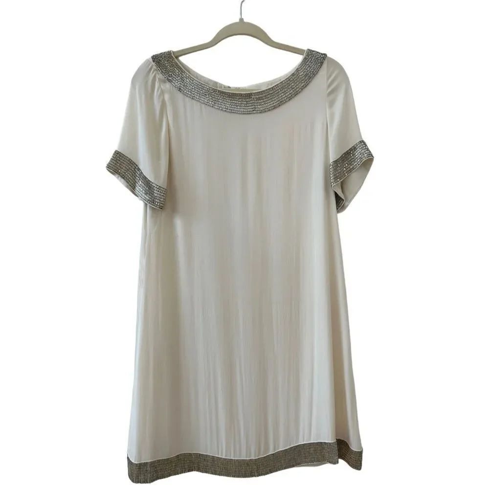 Alice + Olivia Beaded Silk Blend Shift Mini Dress Cream Women’s Size Medium